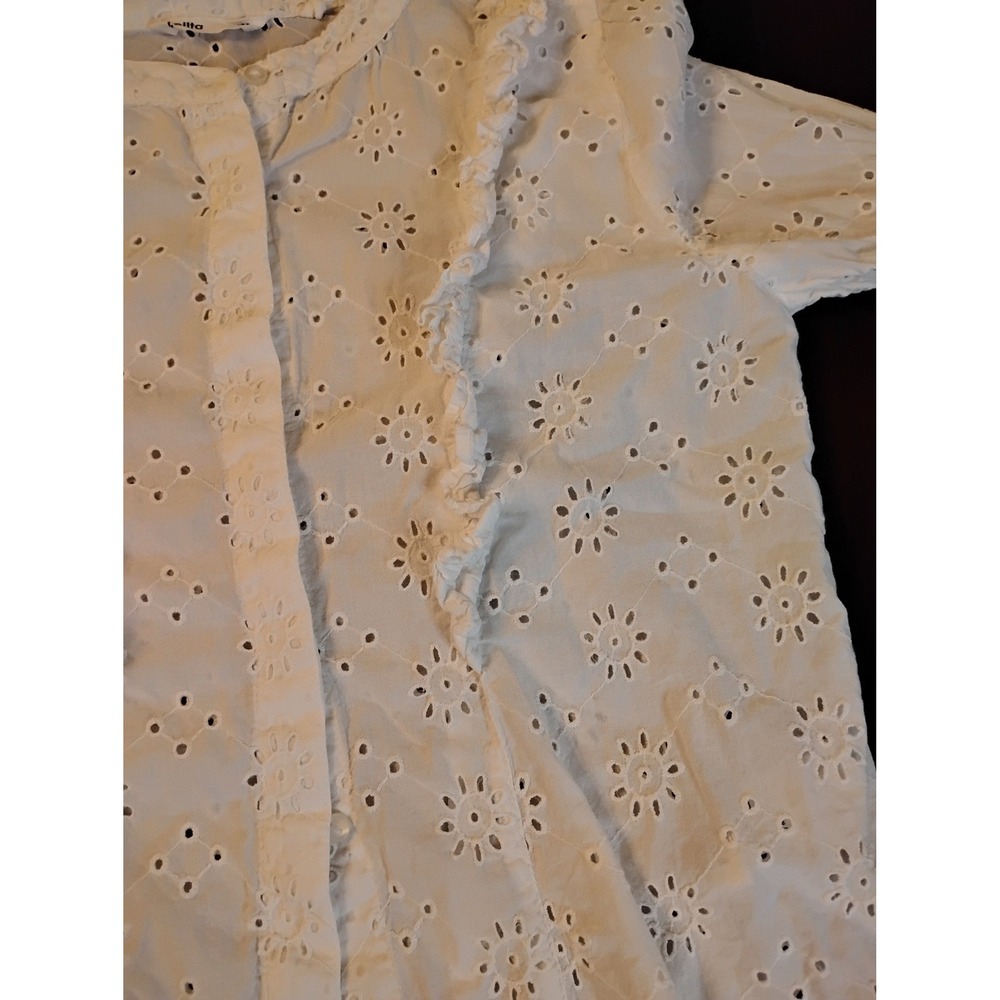 Lolita White Eyelet Cotton Ruffle Blouse Long Sleeve Floral Embroidery Small - Picture 9 of 10